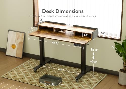 Claiks Standing Desk with Drawers & Wheels, 2 Height Shelf 48" Rustic Brown - Image 3