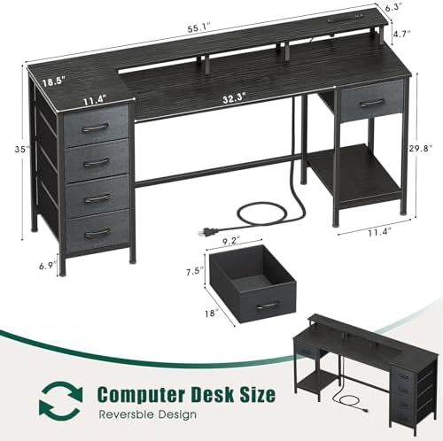 Korfile 55 Inch Gaming Computer Desk with Power Outlets,LED,5 Drawers,Black - Image 3