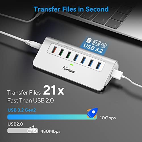 Powered USB Hub 10Gbps, 7 Port USB 3.2 Gen 2 Hub with 4 USB 3.2 Data Ports, 3 Fast Charging Ports, 36W Power Adapter, Type A and Type C Cable, Aluminum USB Hub for Laptop, Mac, PC - Image 3