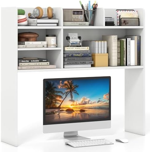 GIANTEX Desktop Bookshelf, 37" Desk Hutch Dorm for Computer Up to 32 Inch, Countertop Hutch w/6 Storage Shelves, 3-Tier Desktop Organizer Display Rack, Wood Desk Shelf for Home Office (White) by Giantex