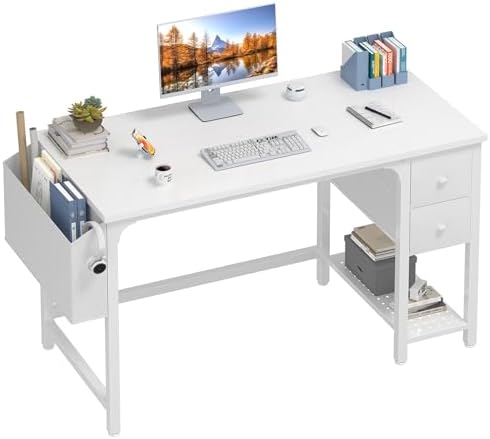 Lufeiya White Computer Desk with Drawers - 47 Inch PC Desk for Small Space Bedroom Home Office, Modern Simple Study Writing Table Desks with Storage Shelf, White by LUFEIYA