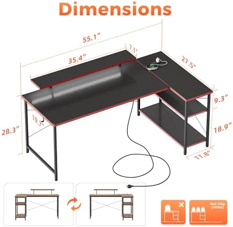 Mericonia 55 in L Shaped Gaming Desk, Large Corner Desk with Monitor Stand - Image 2