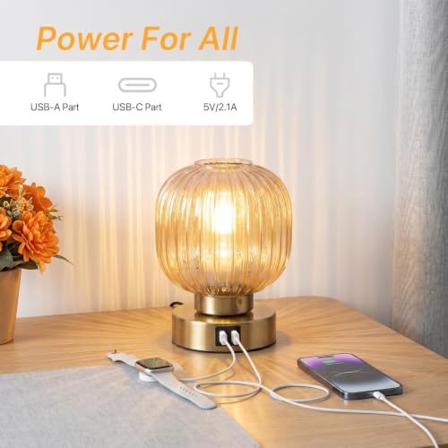 Elenhome Touch Small Table Lamp,Elegant Gold Glass Bedside Lamp 3 Way Dimmable with USB C+A Charging Ports - Bedroom Nightstand & Living Room Essential, 4W Bulb Included (Gold) - Image 3