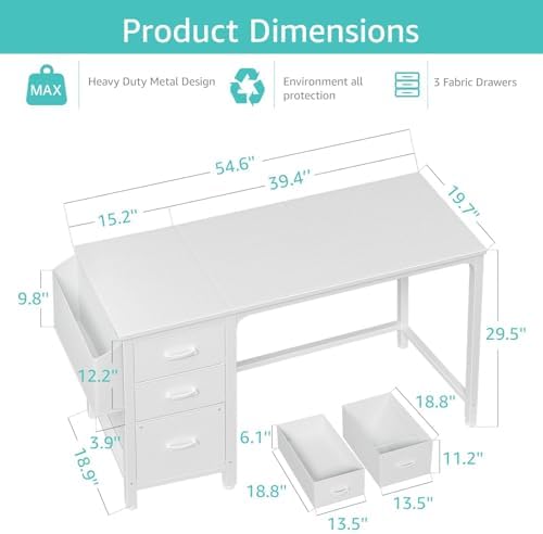 Lufeiya White Computer Desk with Fabric File Drawers Cabinet, 55 Inch Reversible Desks with Storage Filing Cabinet for Home Office, Modern Writing Table PC Desks for Bedroom, White - Image 3