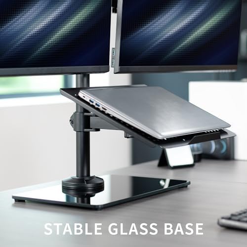 VIVO Freestanding Dual Computer Monitor and Laptop Combo Desk Stand with Glass Base, Fits up to 32 inch Monitors and 17 inch Laptops, Black, STAND-V003FGL - Image 4