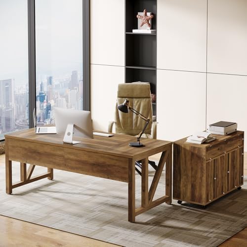 Tribesigns 63" L Shaped Executive Desk & 39" File Cabinet Set, Corner Computer Desk with Ample Storage, Large Industrial Retro Office Desk with Drawers & Shelves, for Home & Business, Rustic Brown - Image 4