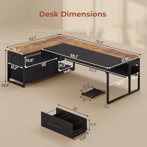 UPOSOJA 71" Executive Desk, L Shaped Office Desk with Widen File Drawers - Image 3