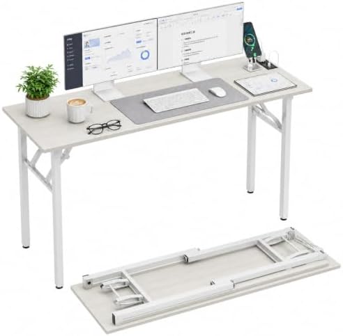 Folding Table Computer Desk - 55.1" No Assembly Folding Desk with Power Outlets & USB Charging Port, Small Desk, Foldable Office Desk, Compact Storage Portable Use for Small Space, White Ash by HMFOR