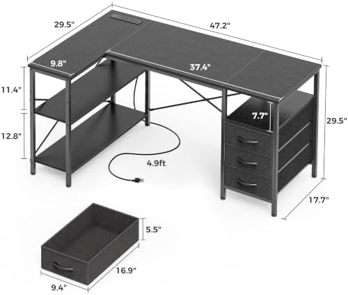 Huuger L Shaped Office Desk with Power Outlets & 3 Drawers - Image 3