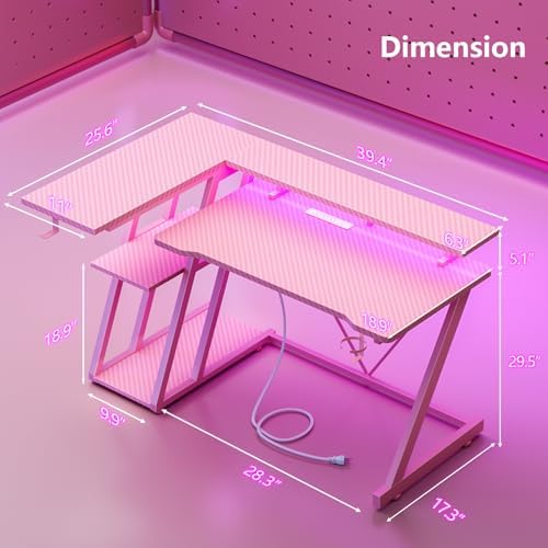 Korfile 40 Inch Pink Gaming Desk with Power Outlet & LED Lights, Corner Computer Desk with 3 Tiers Storage Shelves, L Shaped Gaming Desk with Monitor Stand for Bedroom - Image 2