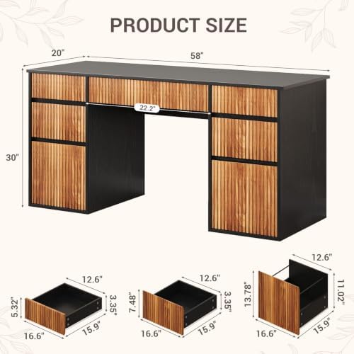 Desk with Drawers, 58 Inch Executive Office Desk with File Drawer, Black - Image 2
