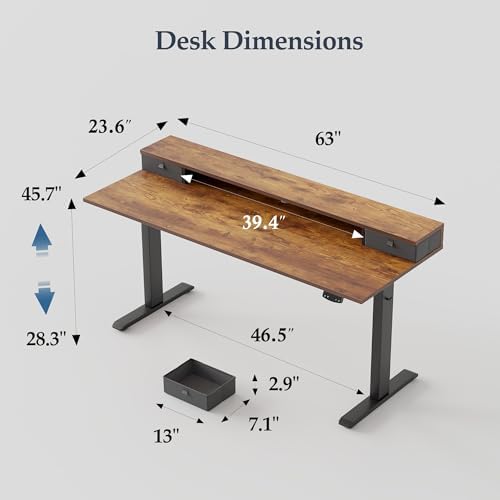 Klicelor 63 x24 Inch Electric Standing Desk with Drawers, Adjustable Height Small Sit Stand Desk for Home Office, Compact Computer Workstation with Storage– Rustic Brown - Image 3