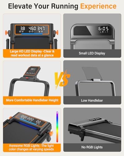 Treadmill Walking Pad with 15% Incline/Handle Bar/2 LED Display, 3.5HP Portable Treadmills for Home Small, Foldable Walking Pad Treadmill 350+lb Capacity, Smart App, 4 Adjustable Incline, RGB Light - Image 5