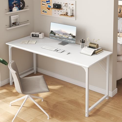Huuger Computer Desk, 55 Inch Home Office Desk, Gaming Writing Work from Home Study Desk, Large Legroom, Sturdy Metal Frame, Modern Simple, White - Image 5