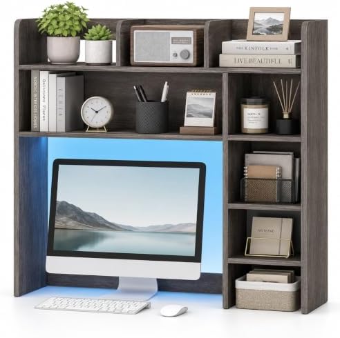 GLACER Desktop Bookshelf with LED Lights, Desk Hutch for Max 25" Monitor by GLACERGrowupinhappiness