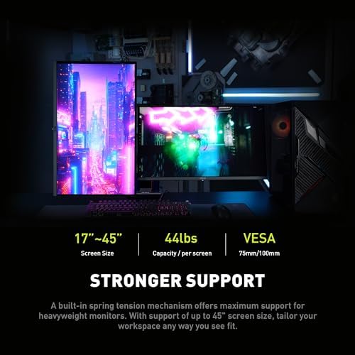 MSI MAG MT201D - Premium Heavy Duty Dual Monitor Stand Arms, 17-45" Support, VESA Compatible, Adjustable Spring Mount, 44 lbs per Screen, Clamp & Grommet, Quick Release Plate - Black - Image 4