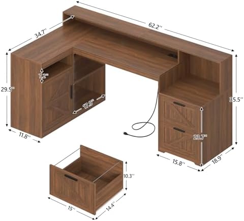 63" Farmhouse L Shaped Desk with Drawers and Printer Stand for Home Office - Image 2