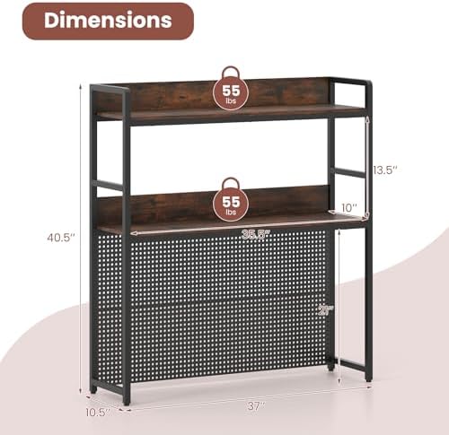 Desk Hutch, 37" Desktop Bookshelf with Pegboard, Countertop Storage Hutch for Computer Monitor, 2-Tier Desk Display Rack, Desktop Organizer Shelf for Dorm Home Office, Rustic Brown - Image 2