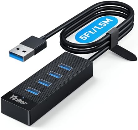 4 Port USB 3.0 Hub 5FT Long Cable, USB Extension Data Cable USB Dock Extender for Desktop PC Laptop, 5Gbps with 5V USB-C Power Supply by Yinker