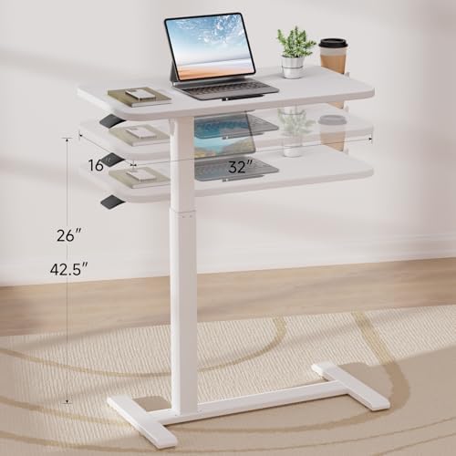 GTPLAYER Small Standing Desk with Hidden Wheels, Pneumatic Mobile Rolling Laptop Desk, Adjustable Height Overbed Bedside Table Computer Workstation for Home Office (28" W x 16" D, Pure White) - Image 3