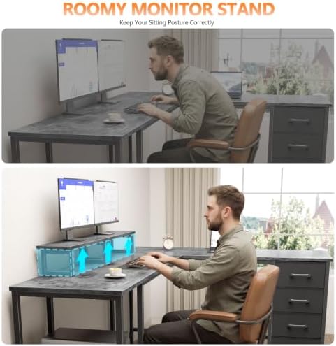 Korfile 66" L Shaped Computer Desk, 94.4'' Home Office Desk with Power Outlets, 4 Adjustable Storage Drawers & 2 Monitor Stands, Large Two Person Gaming Table for Writing Study, Grey - Image 7