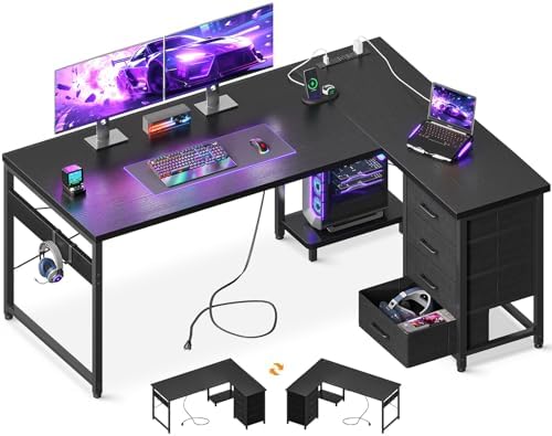 AODK 53" L Shaped Gaming Desk with 4 Drawers and Power Outlets, Black by AODK