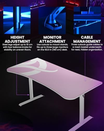 Arozzi Arena Ultrawide Curved Gaming and Office Desk with Full Surface Water Resistant Desk Mat Custom Monitor Mount Cable Management Cut Outs Under The Desk Cable Management Netting - Pink - Image 4