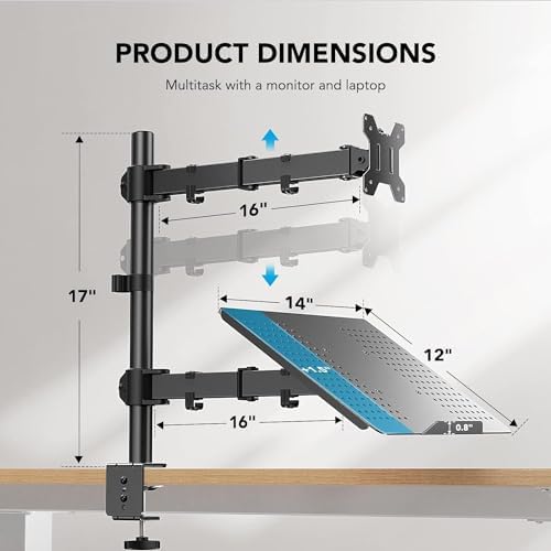 HUANUO Adjustable Monitor Arm with Laptop Tray, Single Desk Mount for 13-32" VESA Monitors up to 22 lbs, 14" x 12" Laptop Tray - Image 4