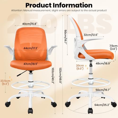 Primy Drafting Chair Tall Office Chair with Flip-up Armrests Executive Ergonomic Computer Standing Desk Chair with Lumbar Support and Adjustable Footrest Ring (Sunset Orange) - Image 3