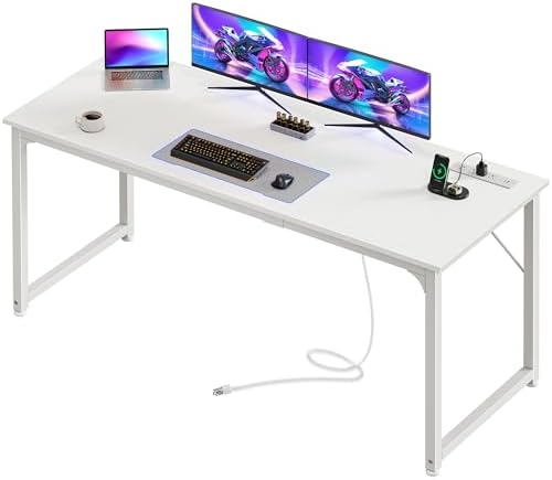 PRAISUN 63 X 24 Inch Computer Desk, Power Outlets, USB-C, White by PRAISUN