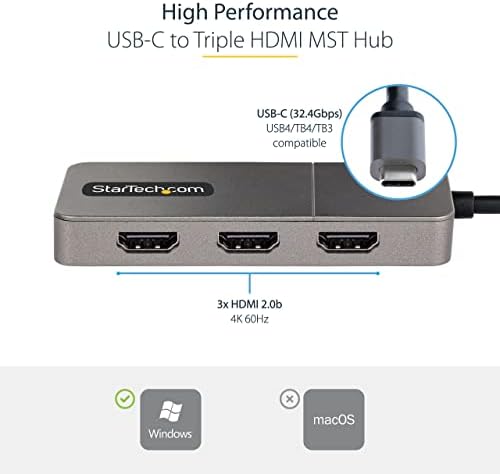 StarTech USB-C to Triple HDMI MST Hub, 4K 60Hz, HDR, DSC, 2ch audio - Image 3