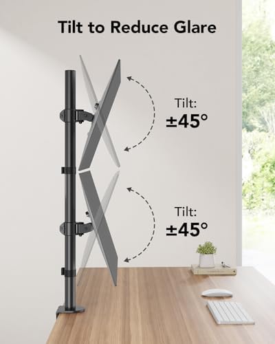 HUANUO Vertical Dual Monitor Mount, Stacked Monitor Stand for 2 Monitors with Height Adjustment Computer Monitor Arm Supports Two 17 to 32 Inch with C Clamp Each Desk Mount Hold up to 17.6lbs - Image 3