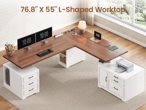 SEDETA Farmhouse L Shaped Electric Standing Desk with File Cabinet, 77 x 55'' Height Adjustable Home Office Computer Desk with 6 Drawers, Power Outlet, Sit Stand Desk, White - Image 4