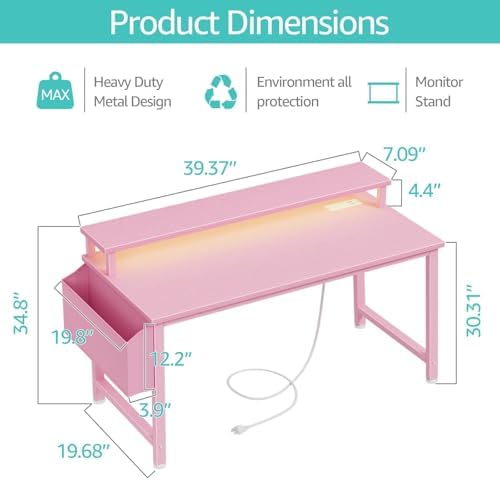 Lufeiya Girls Desk with Power Outlets and LED Lights, 40 Inch Gaming Desk Table with Charging Station, Home Office Computer Desks with Monitor, Pink - Image 3