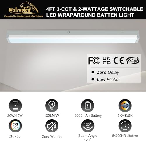 4FT LED Wraparound Emergency Stairwell Light, Battery Backup, IP20, 20W(2500lm)/40W(5000lm), 3/4/5000K CCT Selectable, 100-277V, Flush Mount Commercial LED Wrap Shop Ceiling Light Fixture, FCC - Image 2