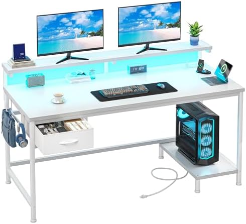 DurayLoly 39.3" Computer Desk with Power Outlet & Fabric Drawer,White by Durayloly