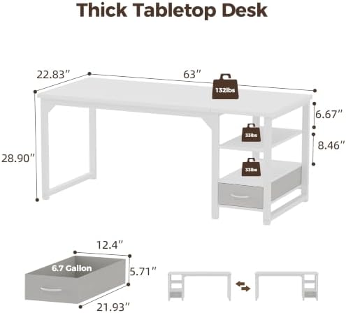 Mericonia 63 in Computer Desk with Drawer, 1" Thick Reversible Office Desk - Image 3