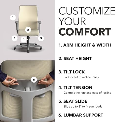 HON Ignition 2.0 Ergonomic Office Chair, Lumbar Support, Desk Chair, Linen - Image 3