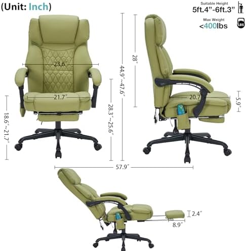 Massage Office Chair with Foot Rest 6 Points Vibration and Heat Home Office Desk Chairs for Heavy People 400lbs Reclining Managerial Chairs Ergonomic Executive Chair (Green) - Image 2