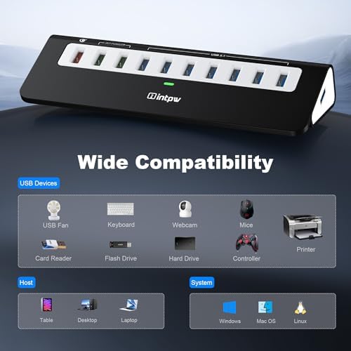 Powered USB Hub 10Gbps, 10 Port USB 3.2 Gen 2 Hub with 7 USB 3.2 Data Ports, 3 Fast Charging Ports, 36W Power Adapter, Type A and Type C Cable, Aluminum USB Hub for Laptop, Mac, PC - Image 5
