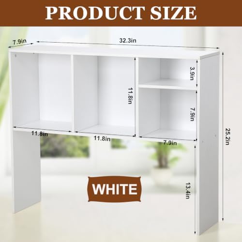 Briwooody Dorm Desk Hutch Desktop Bookshelf for College Office, White - Image 3
