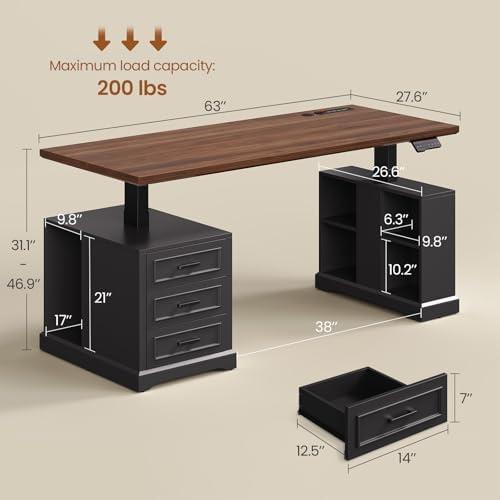 SEDETA 63" Farmhouse Electric Standing Desk with 3 Drawers, Storage Shelves - Image 2