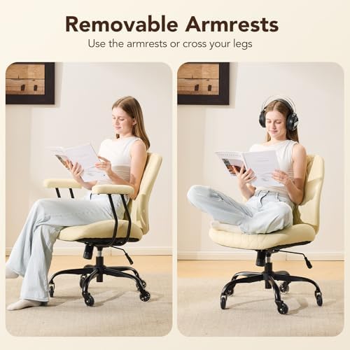 YFO Home Office Desk Chair Office Rubber Casters Ergonomic Computer Chair with Lumbar Support Adjustable Height Rolling Swivel Executive Task Armrests Chair， Cream Leather - Image 6