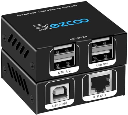 USB Extender 165ft 50m 4-Port USB2.0 HUB by Cat5e Cat6 -Two Webcam Work Sync,Plug & Play for Camera Storage Hard Drive PC Windows,MacOS,Android,1.5m USB Cable, 5V Power U SB Over Ethernet by EZCOOTECH