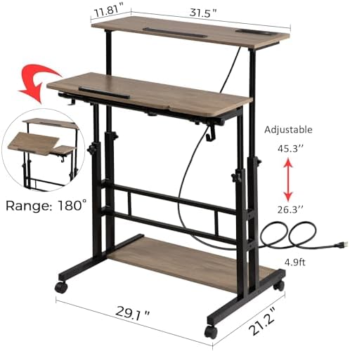 Hadulcet Rolling Stand Up Desk Adjustable Height - Portable Standing Desk with Wheels & Charging Station, Mobile Laptop Desk Small Standing Desk Drawing Table, Grey - Image 3