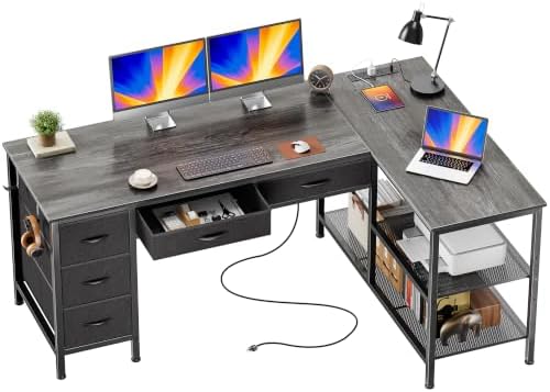 PRAISUN 55 Inch L Shaped Desk with Power Outlets, 5 Fabric Drawers by PRAISUN
