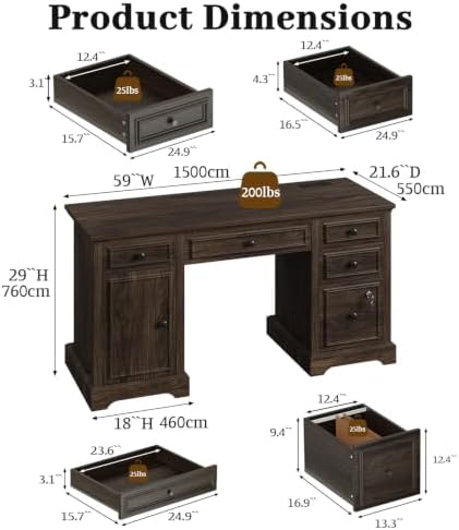 Vipbear 59" Farmhouse Executive Desk with Drawers, Wood Home Office Computer Desk, Featuring Lockable File Drawer, Storage Cabinet & Power Outlet Storage Cabinet for Work Study Writing (Walnut Brown) - Image 2