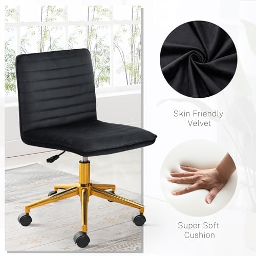 Furniliving Home Office Desk Chair, Armless Desk Chair with Wheels Soft Velvet Adjustable Height, Comfy Computer Rolling Chairs with Gold Metal Base Stool,Black - Image 4