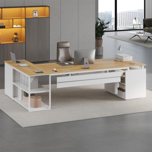 78" Executive Desk with Lockable File Cabinet, L Shaped Office Desk with Power Outlets, Large Executive Desk with Drawers and Storage Shelves , Reversible Computer Desk with Privacy Screen (White) - Image 6