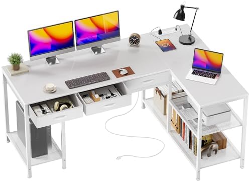 PRAISUN 55 Inch L Shaped Office Desk with Power Outlets and Type-C Port, Large Computer Gaming Desk with 3 Fabric Drawers, Mesh Shelves, Corner Study Work Writing Desk, White by PRAISUN